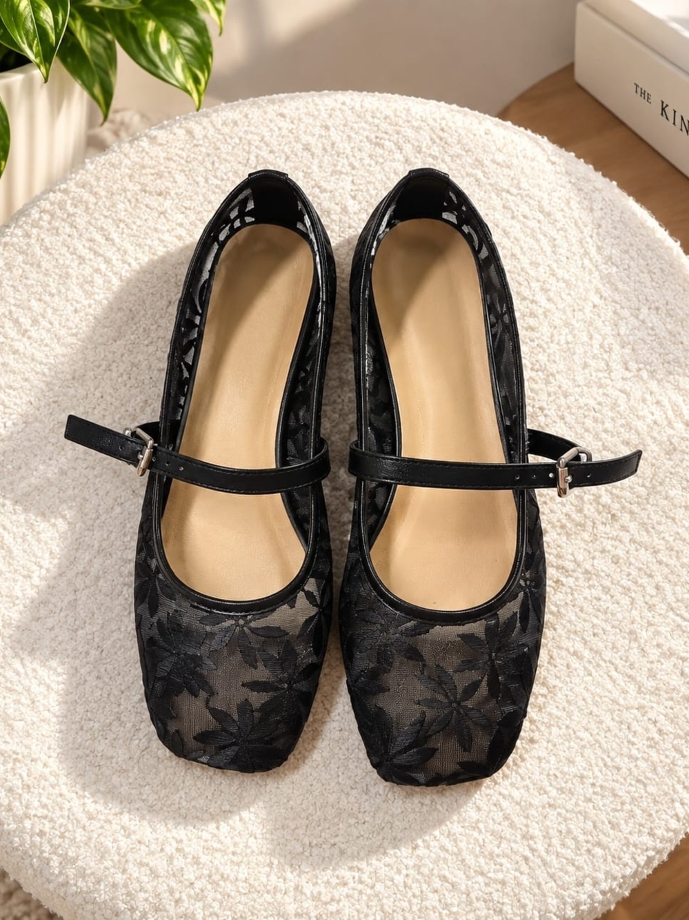 Women's Black Floral Mesh Mary Jane Flats by
